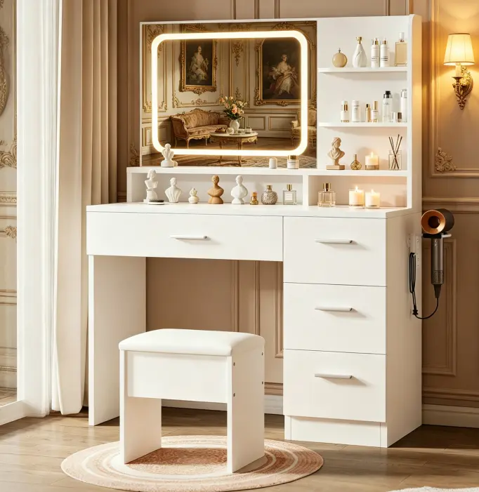 Luxury LED Mirror Vanity Desk, ample cosmetic storage, perfect cozy bedroom makeup station for women. drawer