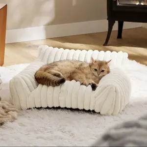 25.4 inch Cat Couch for Indoor Cats Plush Pet Sofa with Supportive Removable Washable Cover Fluffy Comfy Cat Bed for Small Dogs Non Skid Bottom Orthopedic Relief Cozy Sleeping Cream