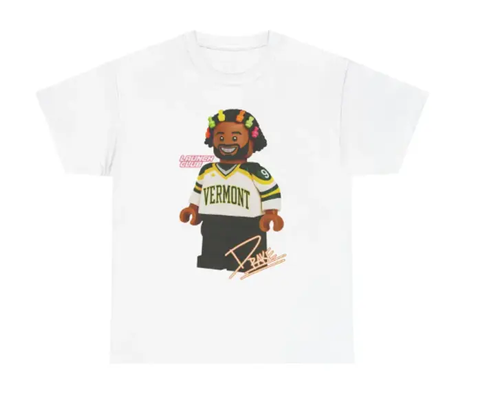 Block Style Cartoon Character Vermont Jersey Hip Hop Graphic Print White Crew Neck Streetwear Oversized T-Shirt