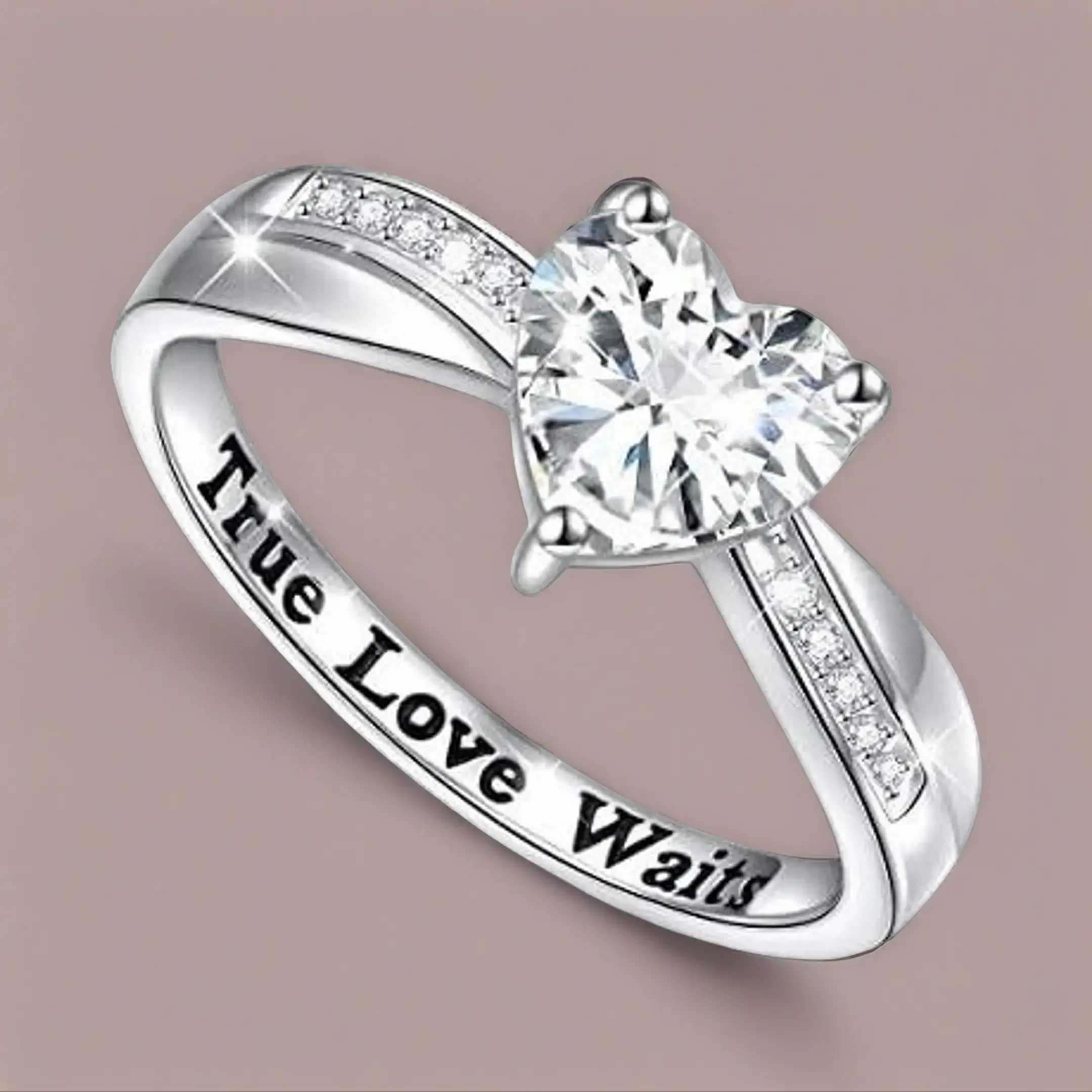 Women's S925 Silver-Plated Zinc Alloy Purity Ring - True Love Waits Heart Promise Ring, Moissanite & Zircon Cluster, Broadband Black Band, Comfort Fit, Hypoallergenic, Tarnish-Resistant, Engraved Elegant Anniversary Engagement Jewelry Gift