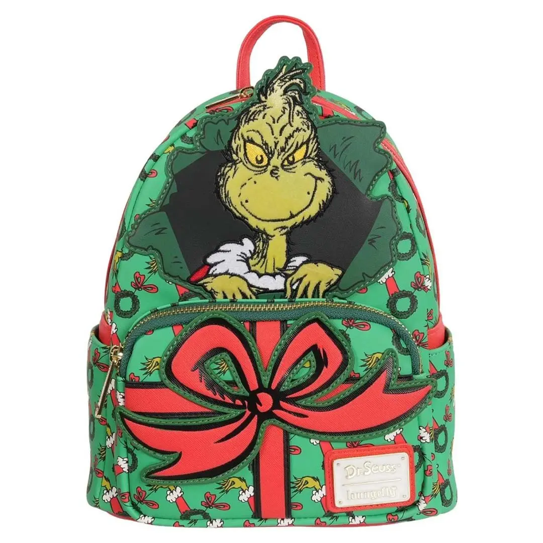 Loungefly Dr. Seuss How the Grinch Stole Christmas Unisex Collectible Holiday Faux Leather Mini Backpack - Cartoon Graphic, Oversized Bow, Zip Closure (9.5in L x 10.5in H x 5.5in D) - Entertainment Earth EX Collectibles, 9.5" L X 10.5" H X 5.5" D
