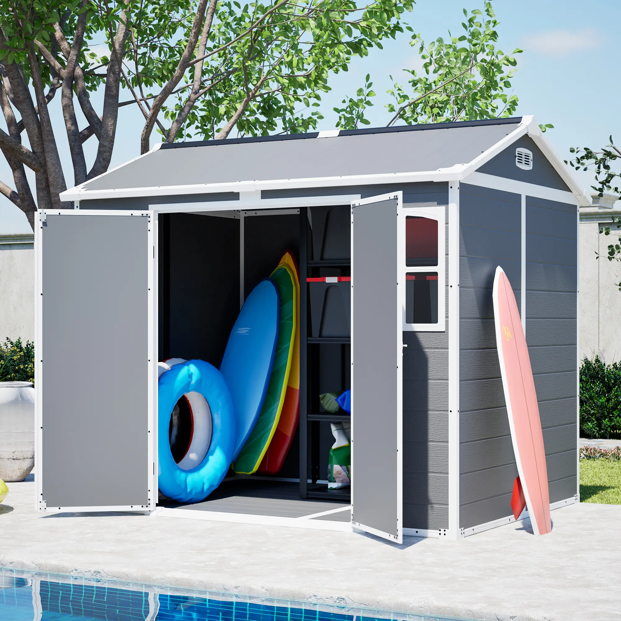 Heavy Duty 8x6 FT (2.44x1.83 m) Plastic Utility Storage Shed, Outdoor Furniture with Lockable Doors, Built-in Floor, Waterproof Design for Gardens, Tools - Gray-White Outdoor Storage Solutions