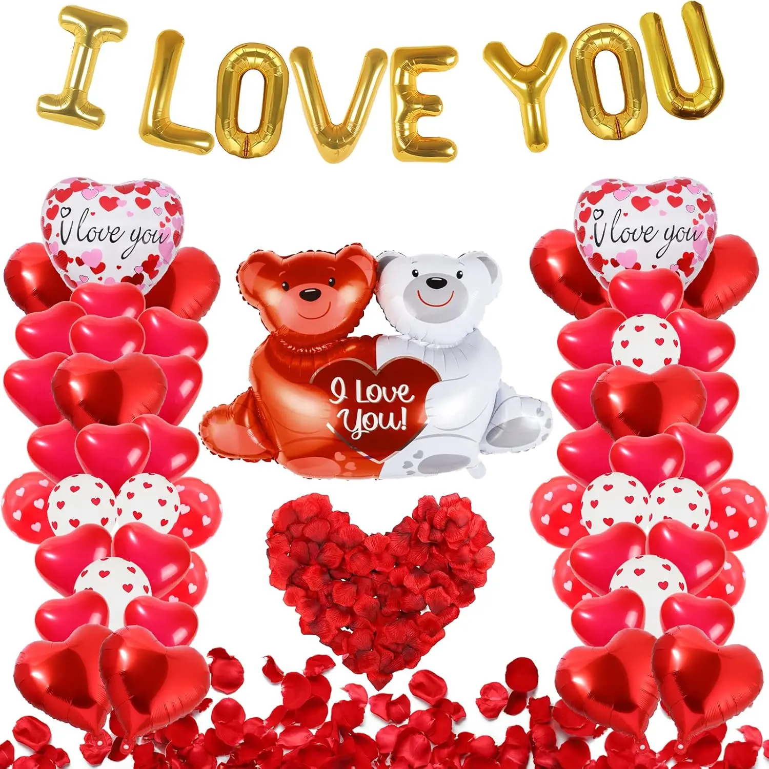 55-Pack Valentine's Day Aluminium Balloon Set with 1000 Pcs Silk Rose Petals - I LOVE YOU, Heart-Shape, Love-Bear Designs, Rich Colors for Anniversary, Romantic Bedroom Decorations