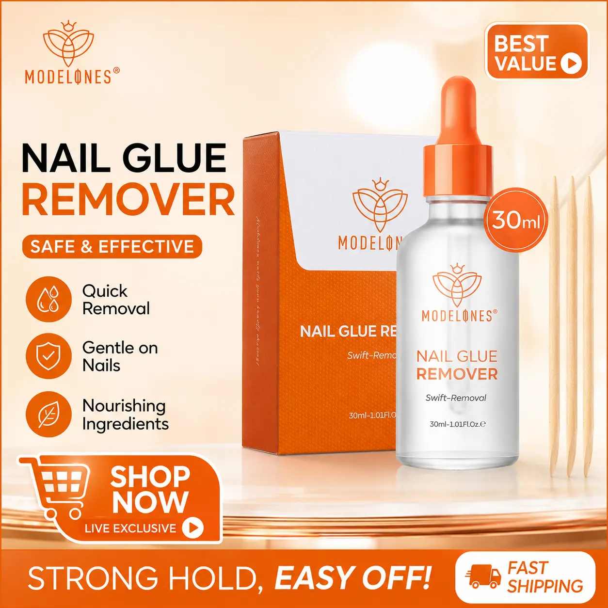 Modelones 30ml Nail Glue Remover for Press On Nails, Upgrade Clear Stick On Nails Remover for Acrylic Tips, Nail Polish Remover with Wood Stick