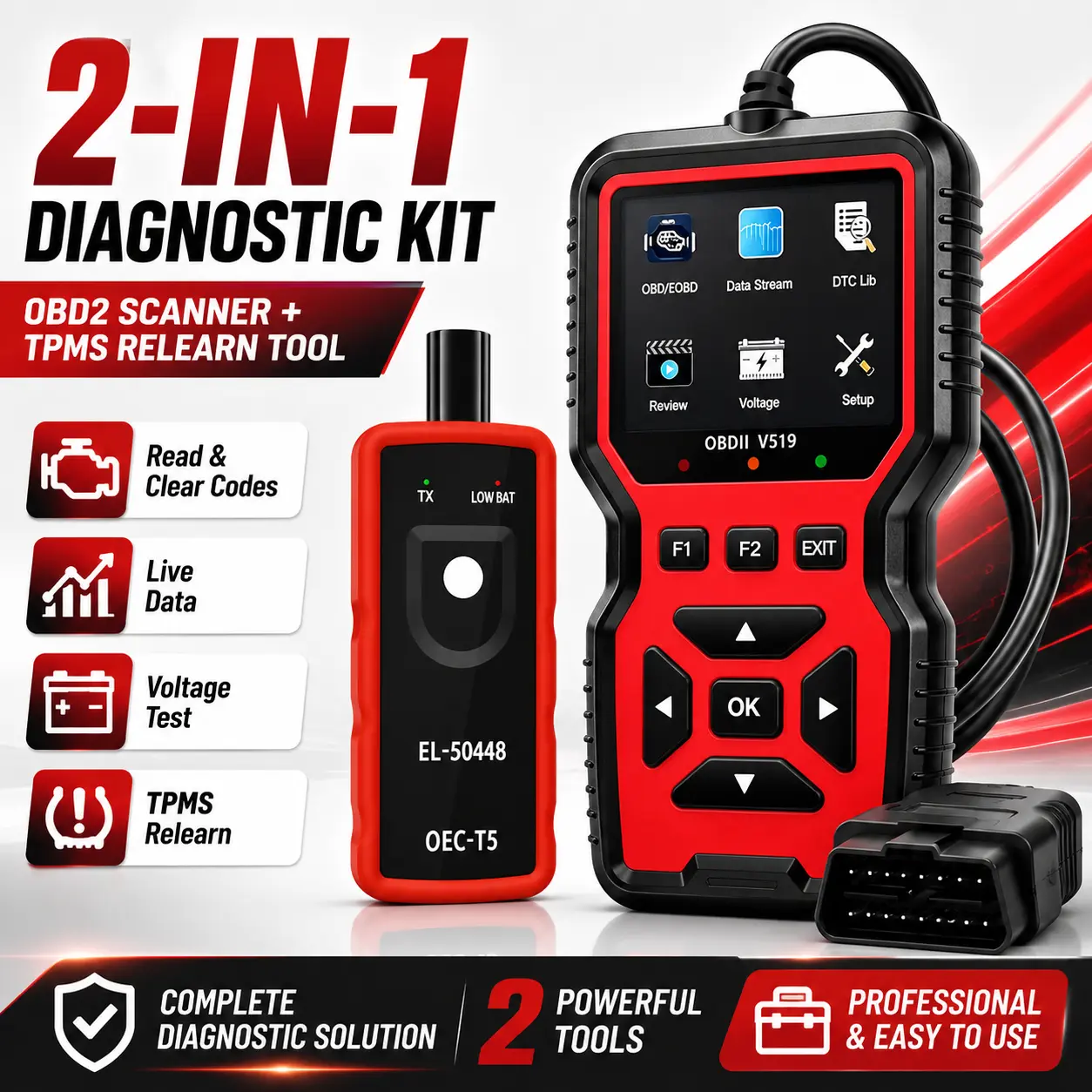 2-in-1 OBD2 Scanner Diagnostic Tool and TPMS Relearn Tool Kit, Engine Fault Code Reader with Live Data, DTC Lookup, Battery Voltage Test, EL-50448 OEC-T5 Tire Pressure Sensor Relearn Tool for Select Vehicles