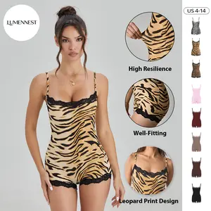 KatchMe LUMENNEST Women's Abstract Tiger Print Thin Strap Lace Trim Soft Playsuit, Minimalist Stretch Sleeveless Shapewear, Sport & Outdoor Clothing SpringStatements
