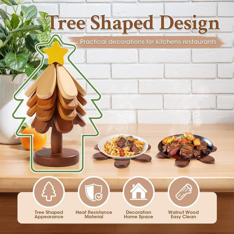 MUNBYN  Christmas tree trivet wooden trivet, (4 Wooden Trivets &1 Stand)- Kitchen, Heat-Resistant Foldable Design,High-Quality Solid Wood,Ideal for Hot Dishes, Pots, Bowls, Teapots,family goodies,Perfect Christmas Day Gift!