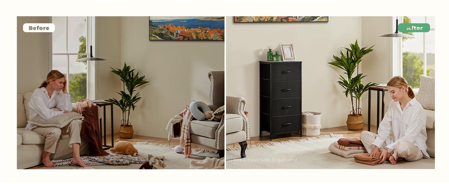 Dresser for Bedroom, Storage Drawers, Skinny Fabric Storage Tower with 4 Drawers