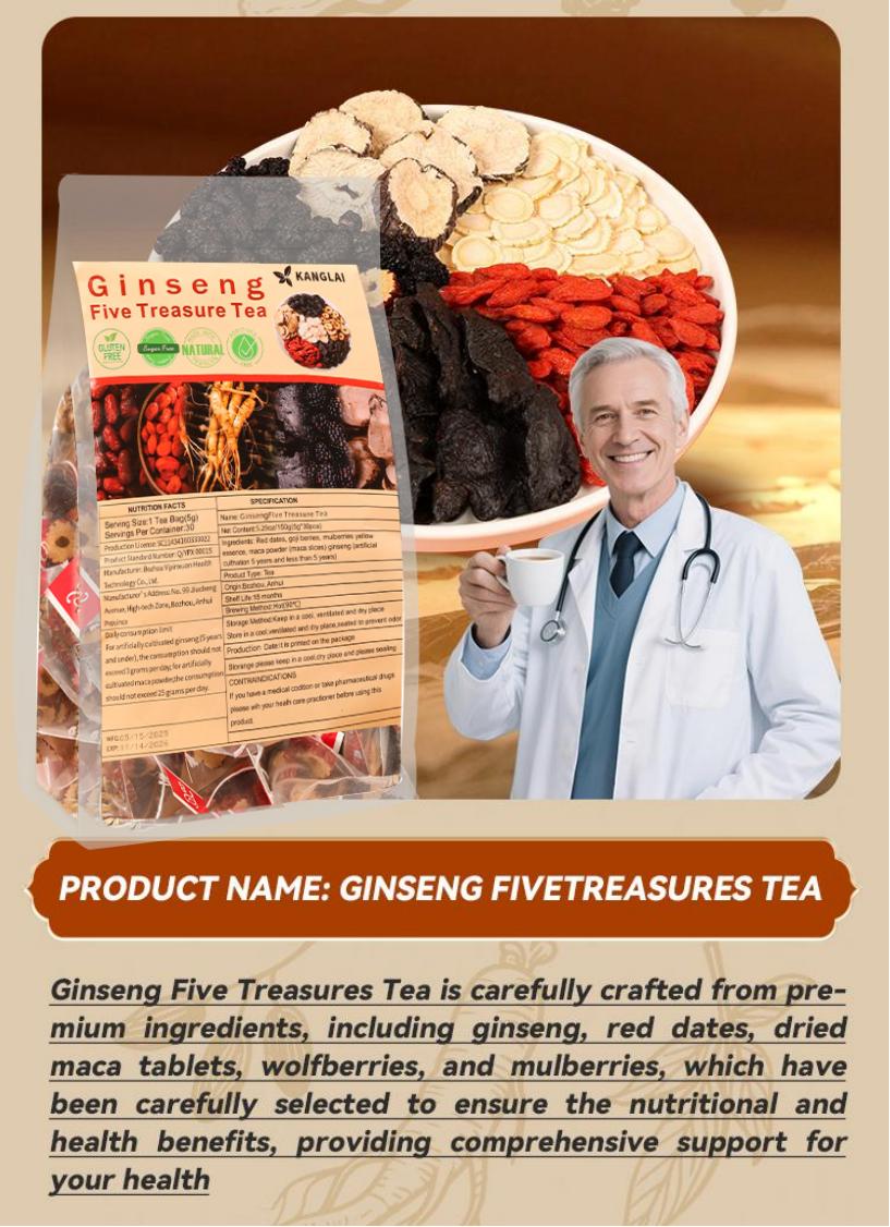 Ginseng Five Treasures Tea (30 bags), with a free gift of Turmeric Tea (60 bags) — Natural herbal tea that nourishes the kidneys. Detox tea that purifies the body. Great value pack, family size