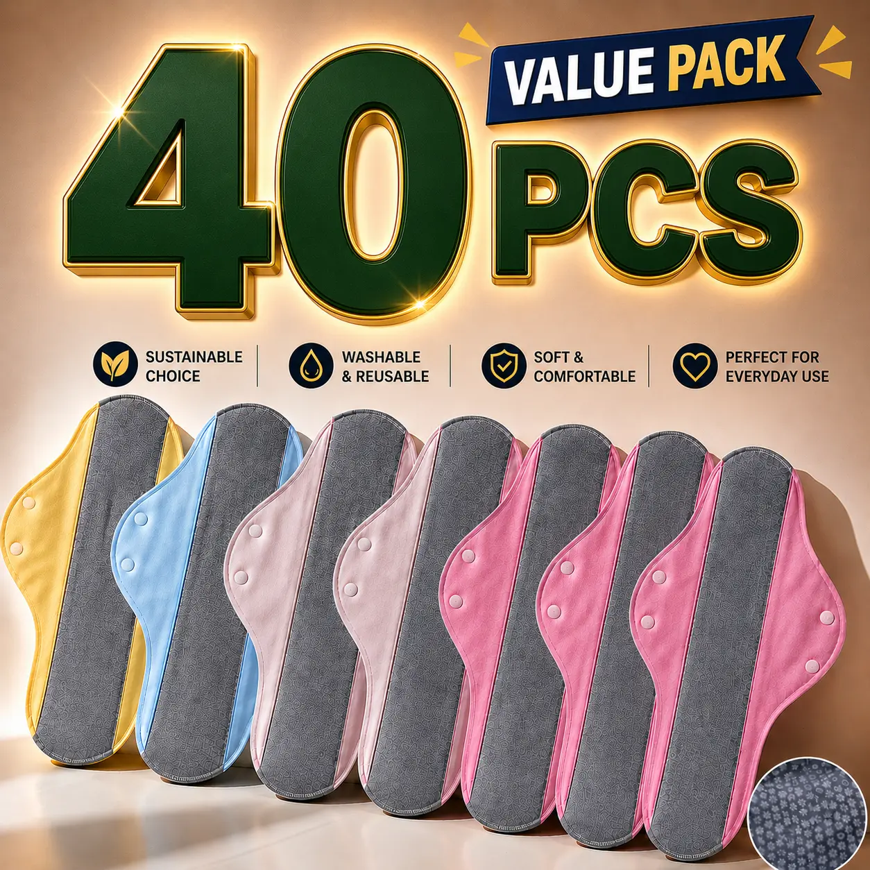 40-Pcs Cotton Cloth Pads for Feminine Care - 100% Organic Reusable Pads Leak-Proof Reusable Protectors for Women's