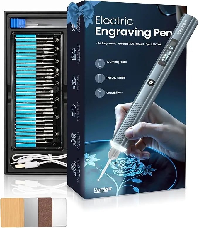 Dark Grey Premium Wireless Rechargeable Engraving Pen Kit - DIY Engraver Tool, 5-Speed Adjustable, LED Light, Batteries, 31 Metal Bits, Portable Engraving Machine, Multipurpose for Metal Wood, Beginner Gift, Engraving Tools, DIY Craft Gift, Adjustable Spe