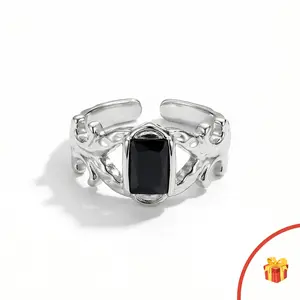 Dark Romance Black Rectangular Gem Ring, Vintage Gothic Style, Adjustable Open Band, Valentine’s Gift for Her