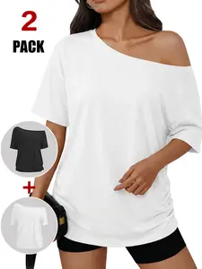 TFNOSIZE Women’s Loose Short-Sleeve Off-Shoulder T-Shirt | New Sexy Asymmetrical Shoulder Design | Casual Basic Style, Fashion Layering Essential | Comfortable, Simple, Breathable, Versatile Everyday Tee — Women’s Summer Apparel Black Womenswear Top,summe
