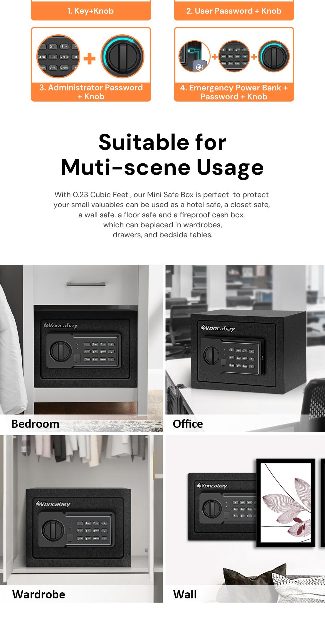 Voncabay Money Safe Box with Sensor Light, Mute Function, Fireproof Security Safe Box, Emergency Power Outlet, Digital Keypad, Easy to Set Up lock office hotel business steel