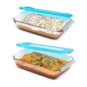 Libbey Baker’s Premium 9x13 Rectangle Glass Baking Dish Set of 2 with Lids, Stackable Bakeware with GreatGrip Handles and Plastic Covers