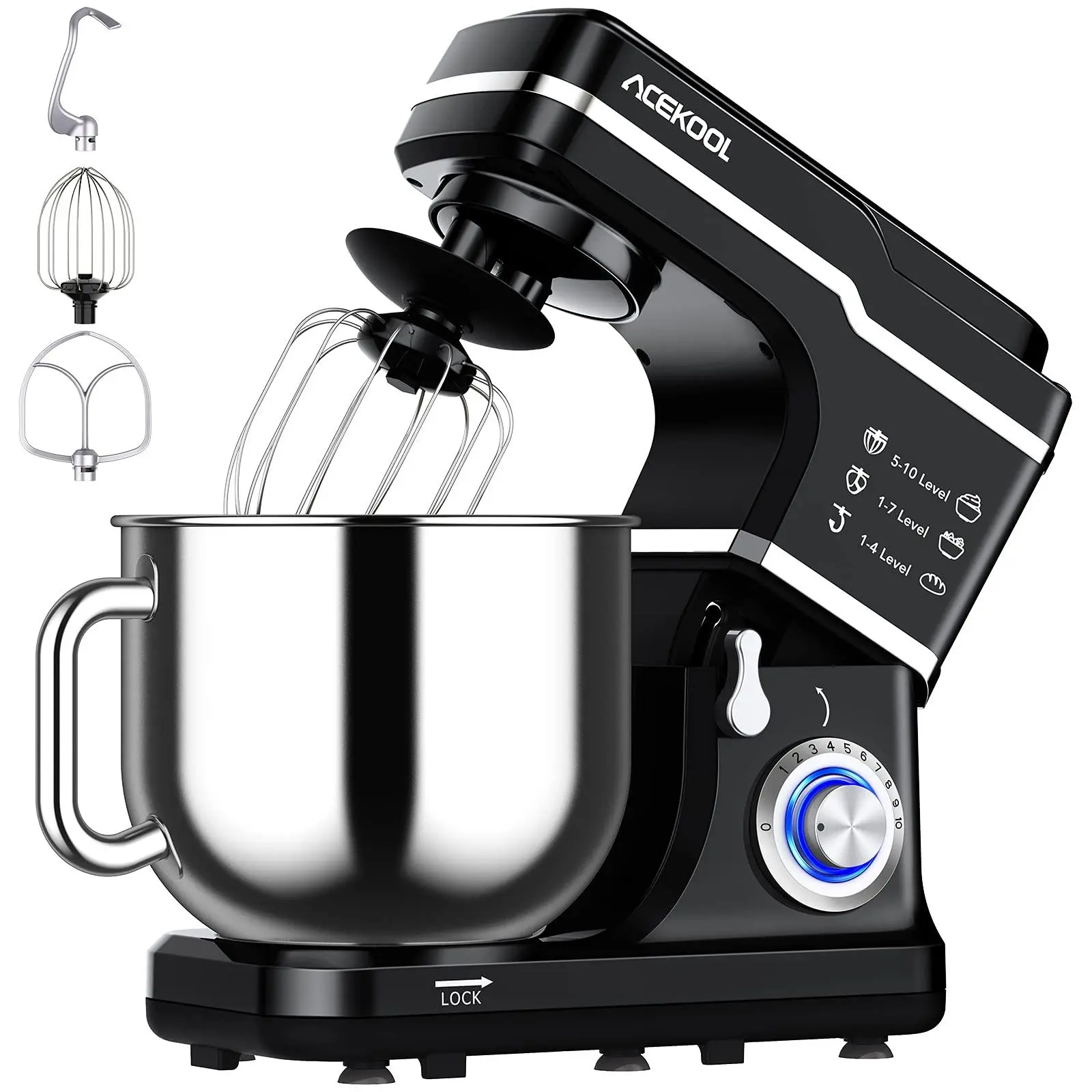 Stand Mixer, 7.5QT 10-Speed Tilt-Head Electric Low Noise Stand Mixer, 3-in-1 Kitchen Mixer with Dough Hook, Whisk, Beater and Splash-Proof Cover, Food Mixer for Daily Use,Black