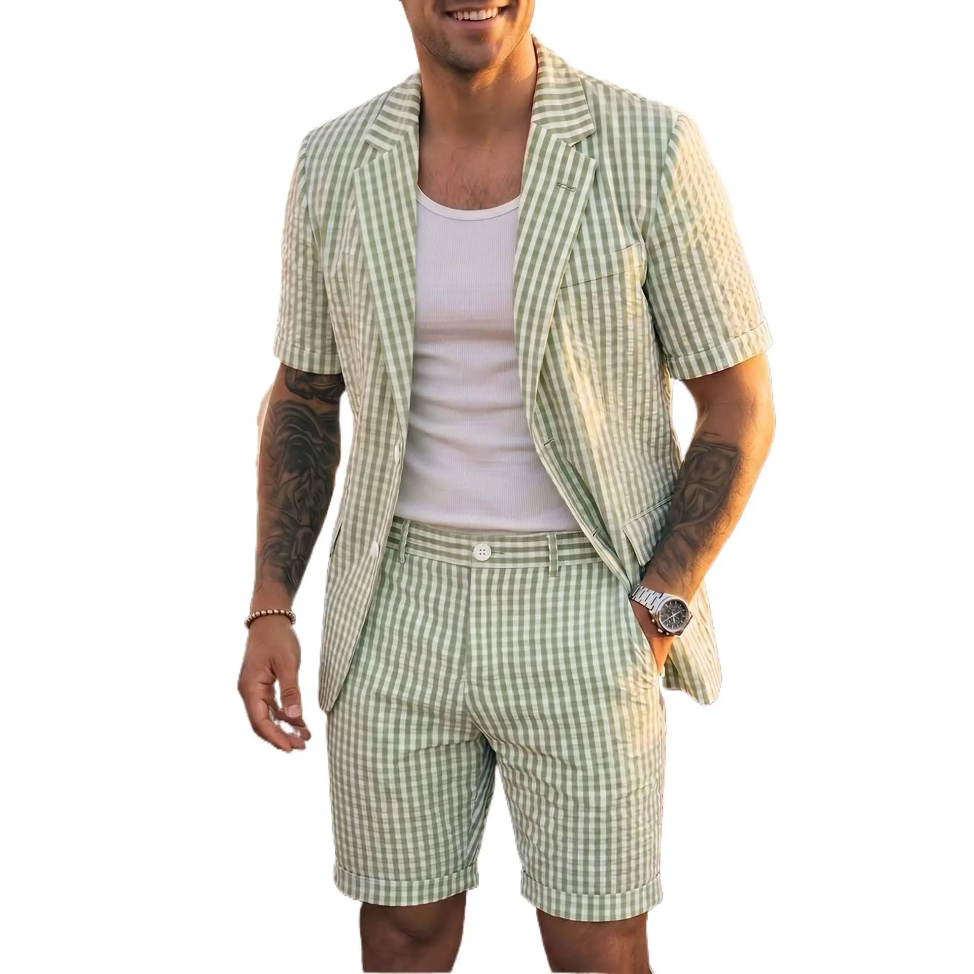 Men’s Green Plaid Textured Seersucker 2-Piece Suit Set - 2-Button Notch Lapel Short-Sleeve Fitted Jacket & Pants, Polyester Smooth Summer Business Casual Outfit for Office/Daily Wear (S-2XL)