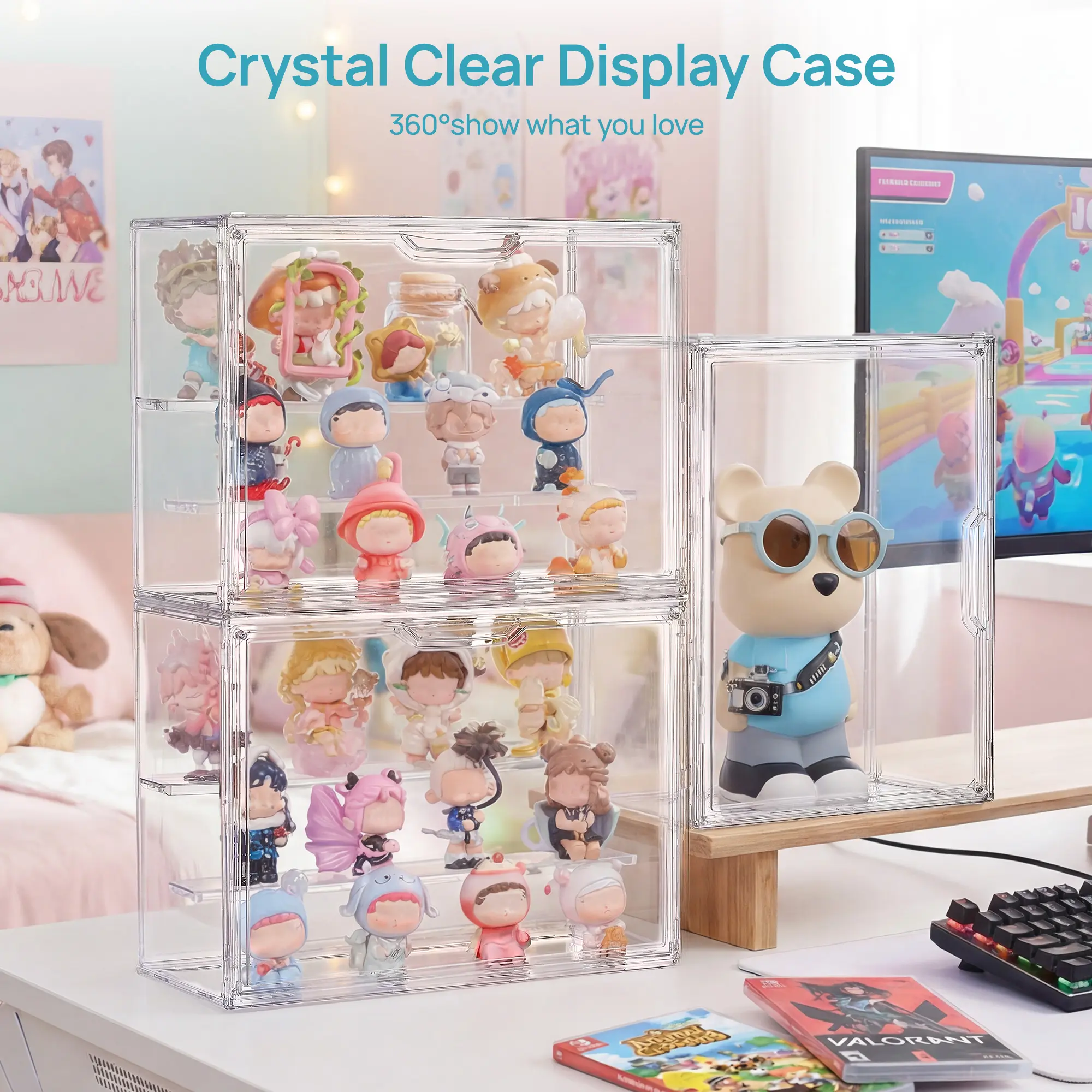 【Acrylic Display Case】Vtopmart 2/4 Pack Clear Acrylic Display Case for Collectibles, with 2 Adjustable Divider and Magnetic Door, Stackable Box for Figures Perfume Collections Toys Cartoon Figurine, Water&Dust Proof