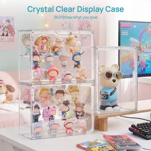 Vtopmart 2/4 Pack Clear Acrylic Display Case for Collectibles, with 2 Adjustable Divider and Magnetic Door, Stackable Box for Figures Perfume Collections Toys Cartoon Figurine, Water&Dust Proof