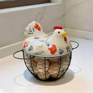 Ceramic Chicken Egg Storage Basket | Countertop Egg Holder Organizer with Wire Handle | Holds 20–25 Fresh Eggs | Rustic Farmhouse Kitchen Decor Accent | Functional & Decorative Gift for Mom, Friends, New Home