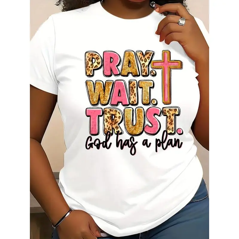 Women's "Pray. Wait. Trust. God Has a Plan" Inspirational Cotton T-Shirt - Comfortable, Short-Sleeve, Round Neck, Regular Fit, All-Season Casual Top, Script Design, God Has a Plan Pattern, Women's Fashion TikTok Shop Finds