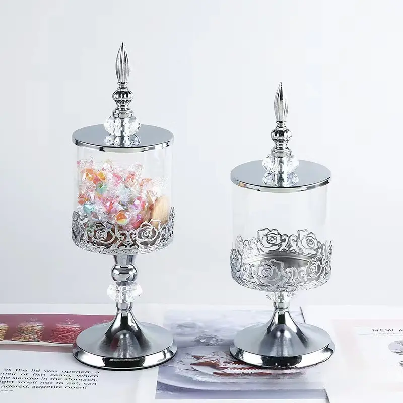 2-Pack Silver Rose Bouquet Glass Canister Set - Large (11×33.5cm), Small (11×29cm) Elegant Storage Organizer Jars for Sweets, Tea, Wedding Gifting, Kitchen, Dining Areas, Bedroom, Living Rooms Décor