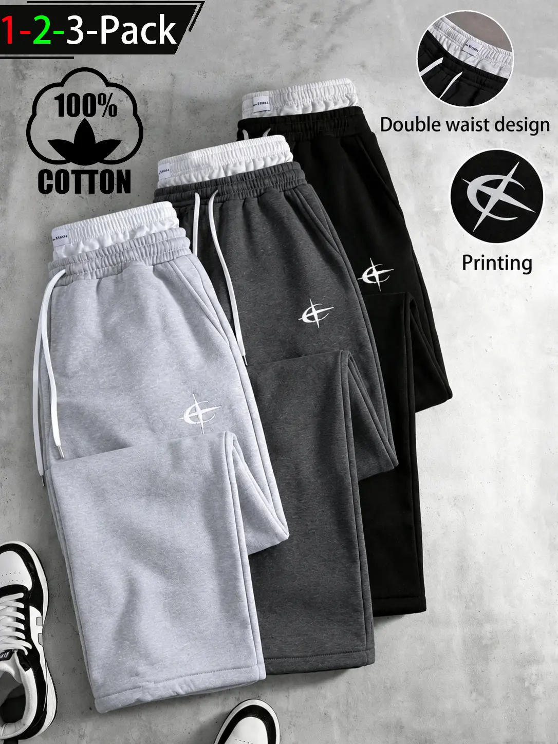 Unisex 1–2–3 pack loose Y2K joggers with double waistband; 100% cotton athletic pants; layered waistband joggers; low-rise joggers; streetwear styles including hip-hop, Harajuku, goth, and grunge casual long pants; fashionable loose fit for everyday wear—
