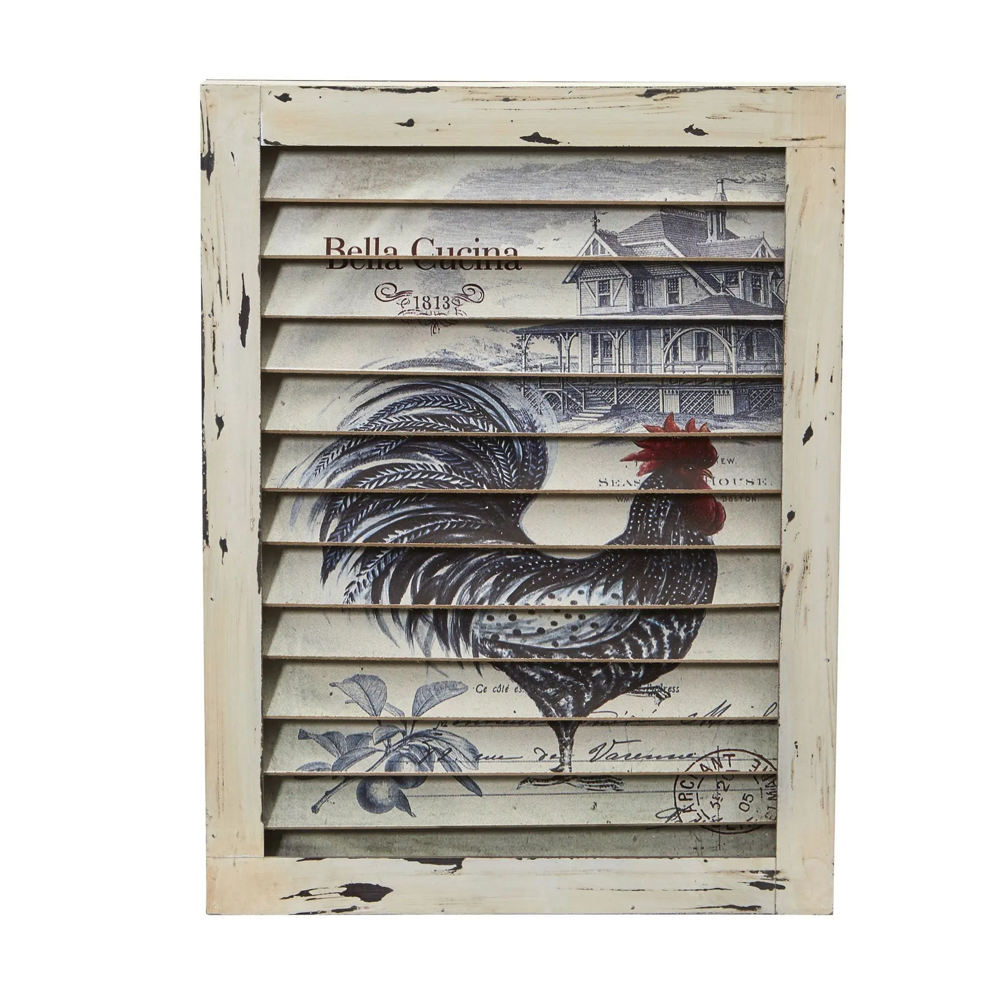 Artistic Washed Wood Rooster Print Window Shutter Wall Decor Set - Animal-Themed Decoration Items, House Decor for Dining Room, Kitchen Home Supplies, Rustic Look, Vintage