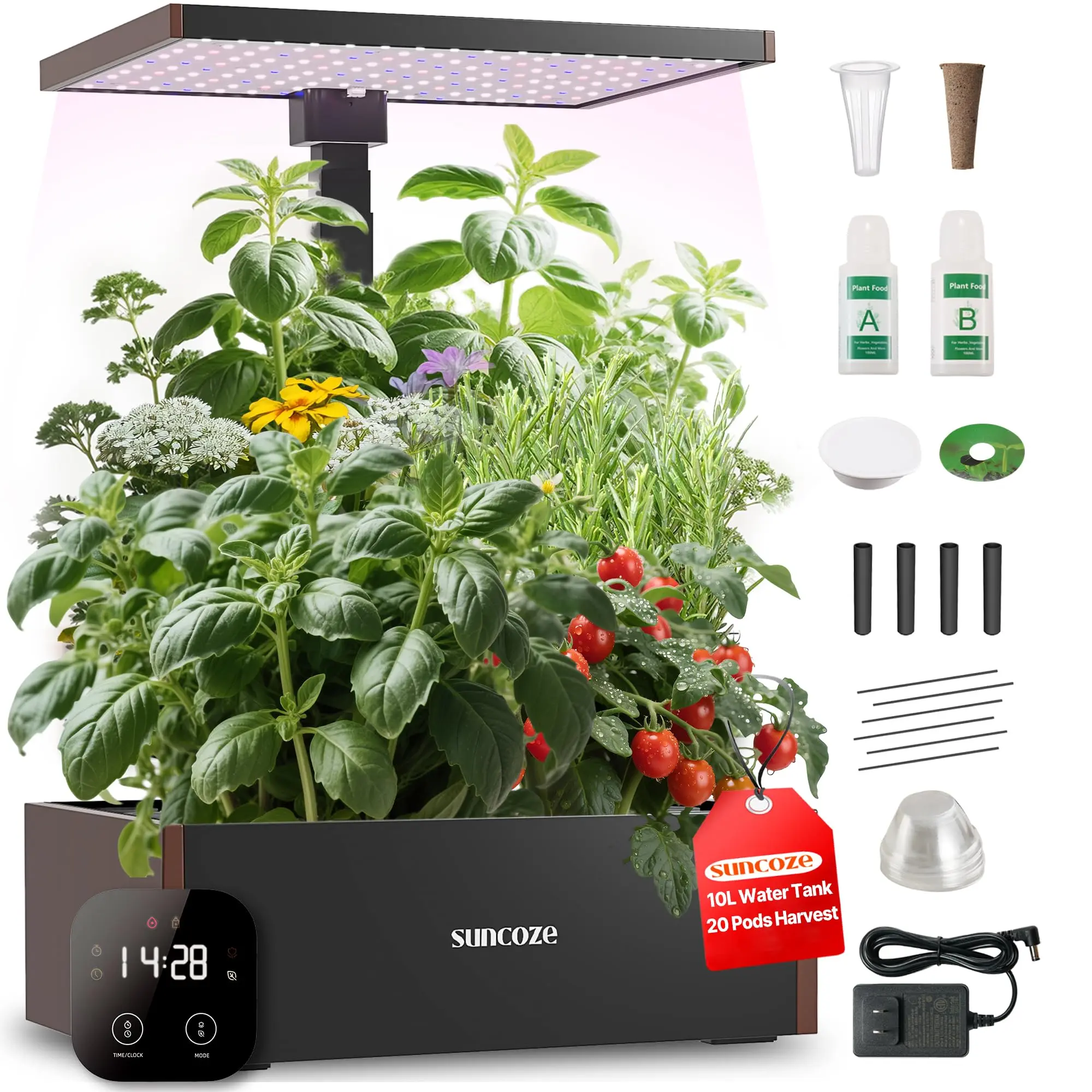 SUNCOZE Modern Hydroponics Growing System - Rectangular Tabletop Kit with 20 Pods, 20W/24W/30W LED Light with Timer, 4L/10L Tank, Adjustable Height, Quiet Pump, Durable Growing Tray, 10.23x29.5x16 Inches, Indoor Herb Garden, Gardening Gift