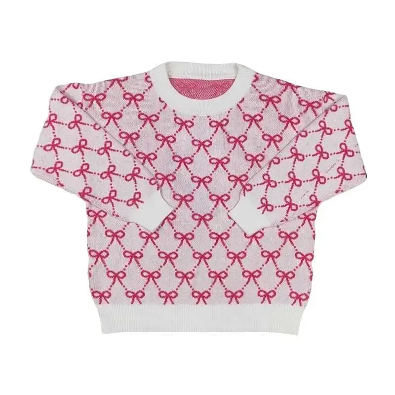 Girls' Winter Blush Pink Bow Print Long-Sleeve Knit Sweater Top