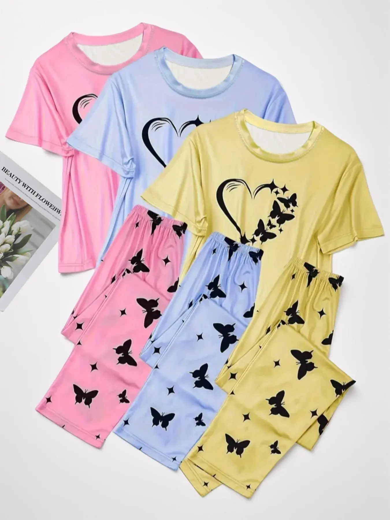 6 Counts Women's Heart & Butterfly Print Pyjama Set, Short Sleeve Tee & Elastic Waist Pants Loungewear Set, Women Cute Nightwear, PJ Sets for Women, Pajama Set, Summer Outfits 2024