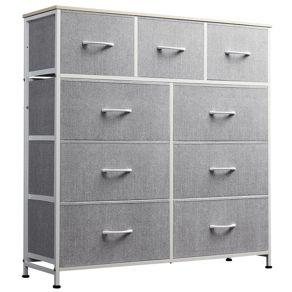 WLIVE 9-Drawer Dresser, Fabric Storage Tower for Bedroom, Hallway, Closet, Tall Chest Organizer Unit with Fabric Bins, Steel Frame, Wood Top, Easy Pull Handle