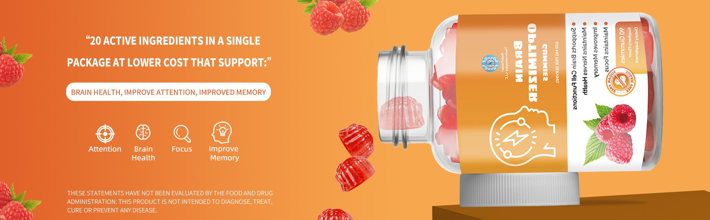 Brain Optimizer Gummies | Memory, Focus & Attention Support | Cognitive Health Supplement with Magnesium, Omega 3, Ashwagandha | 90 Count, Raspberry Flavor