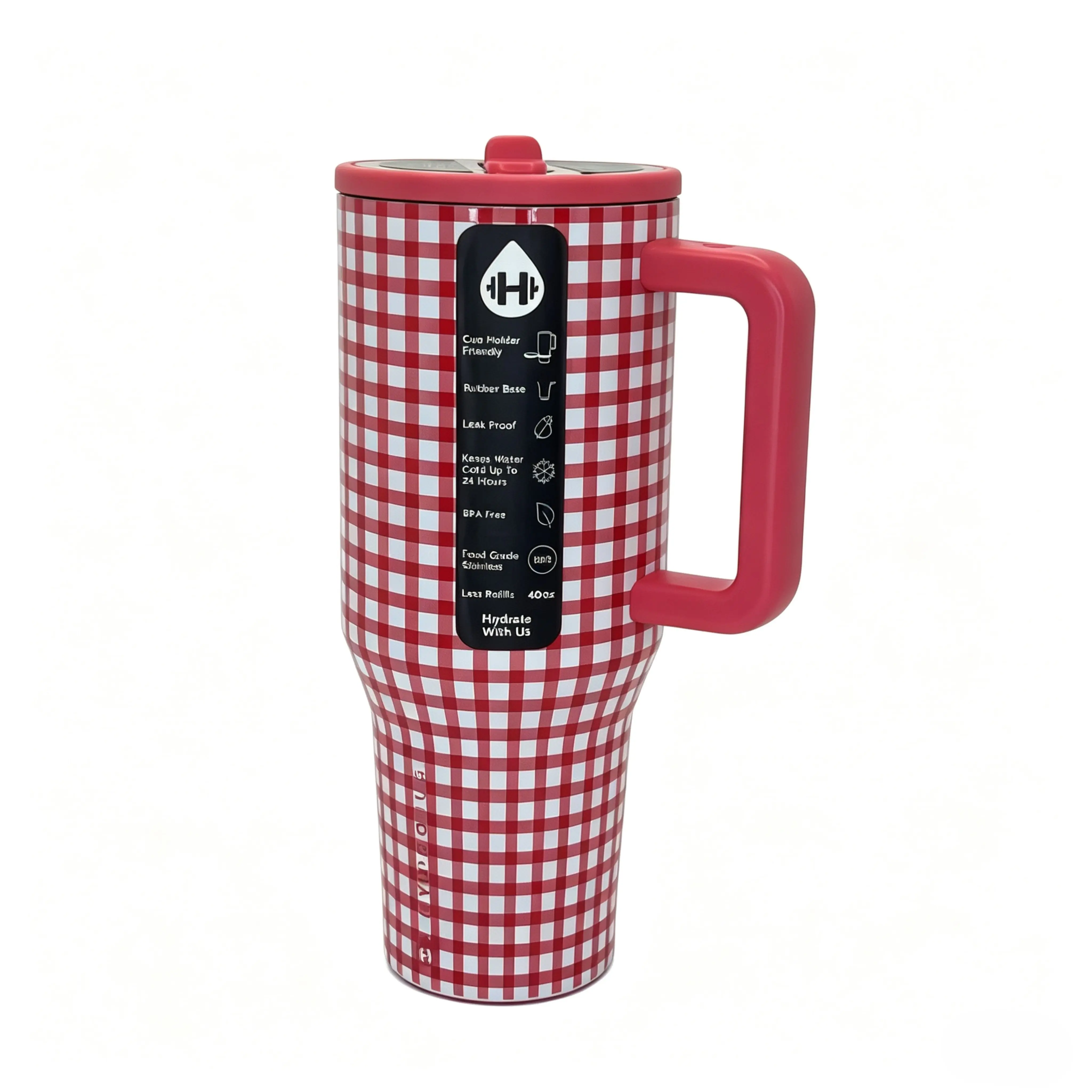 HydroJug 40oz Insulated Stainless Steel Travel Tumbler - Leakproof Vacuum Drinkware Flask with Handle, Straw, Red Gingham Checkered Design, Car-Friendly Water Cup, Portable Hot Beverage Holder black cherry 24-hour insulation special edition Sports Bottle
