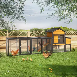 Outdoor Wooden Chicken Coop with Run, 7 Doors, Pull-Out Tray, Nesting Box & Ramp - Backyard Poultry House for 2 - 4 Chickens, Expandable Design