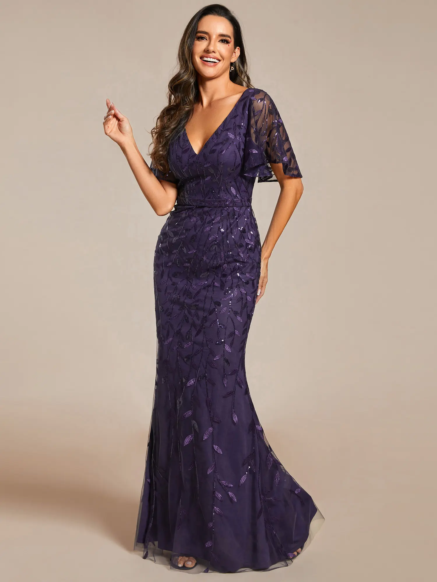 Ever-Pretty 2026 Corset dress Elegant Tulle Mermaid Gown with Deep V-Neck, Flutter Sleeves and Leaf Sequin dress  –  Party Glamour dresss 00693 Glitter Formal dress, Evening dress