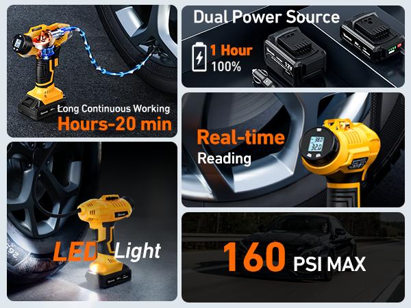 AstroAI Cordless Tire Inflator Portable Air Compressor 160PSI with Digital Pressure Gauge for Cars Motorcycles Yellow Spring Tool Pump Durability