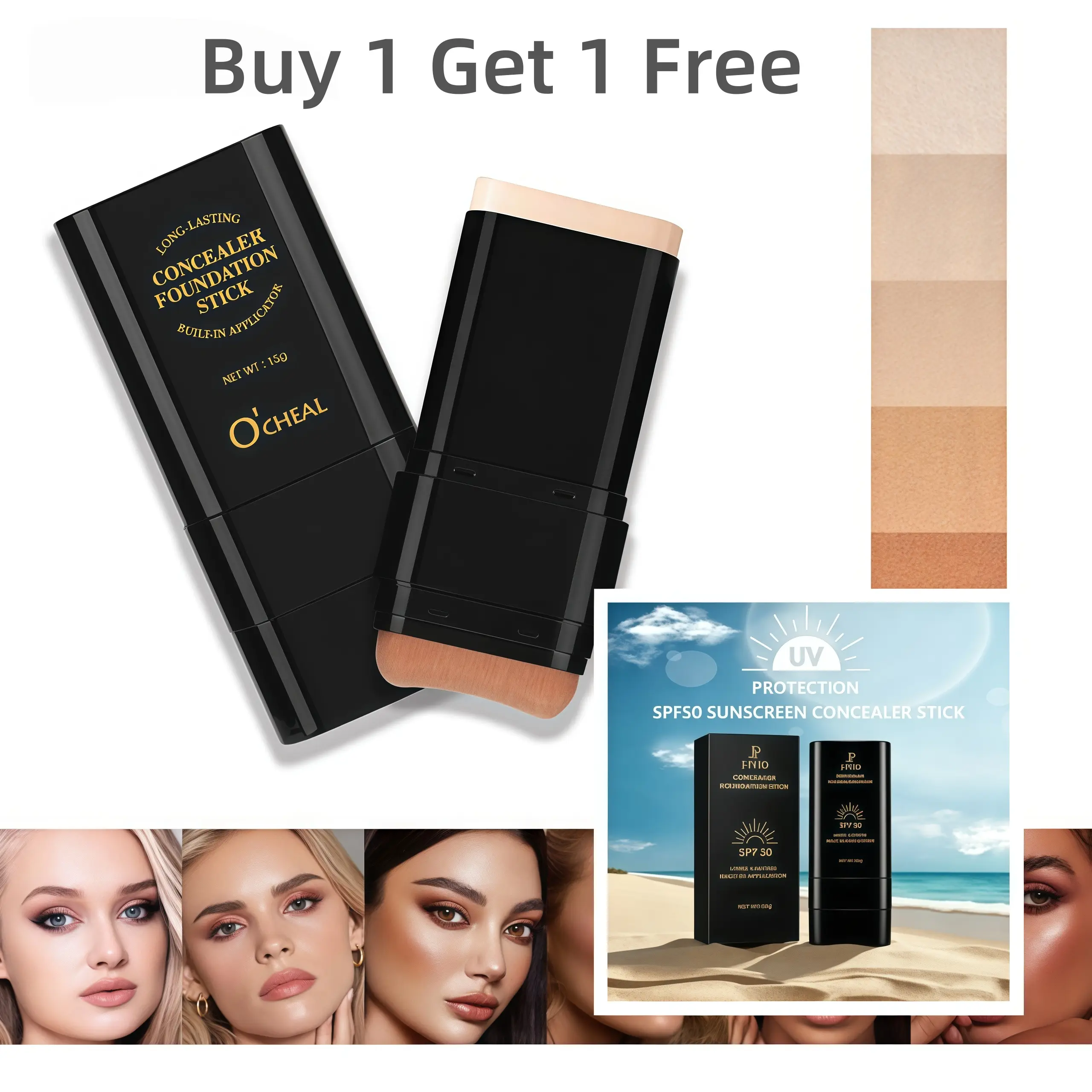 【Buy 1 Get 1 Free】Dual -Ended Concealer Foundation Stick, Buy 1 Regular Stick, Get 1 Sunscreen Stick Free,2-in-1 Long-Lasting Foundation and Concealer with Brush, Creamy Full Coverage for Dark Circles & Blemishes, 2.09 Oz
