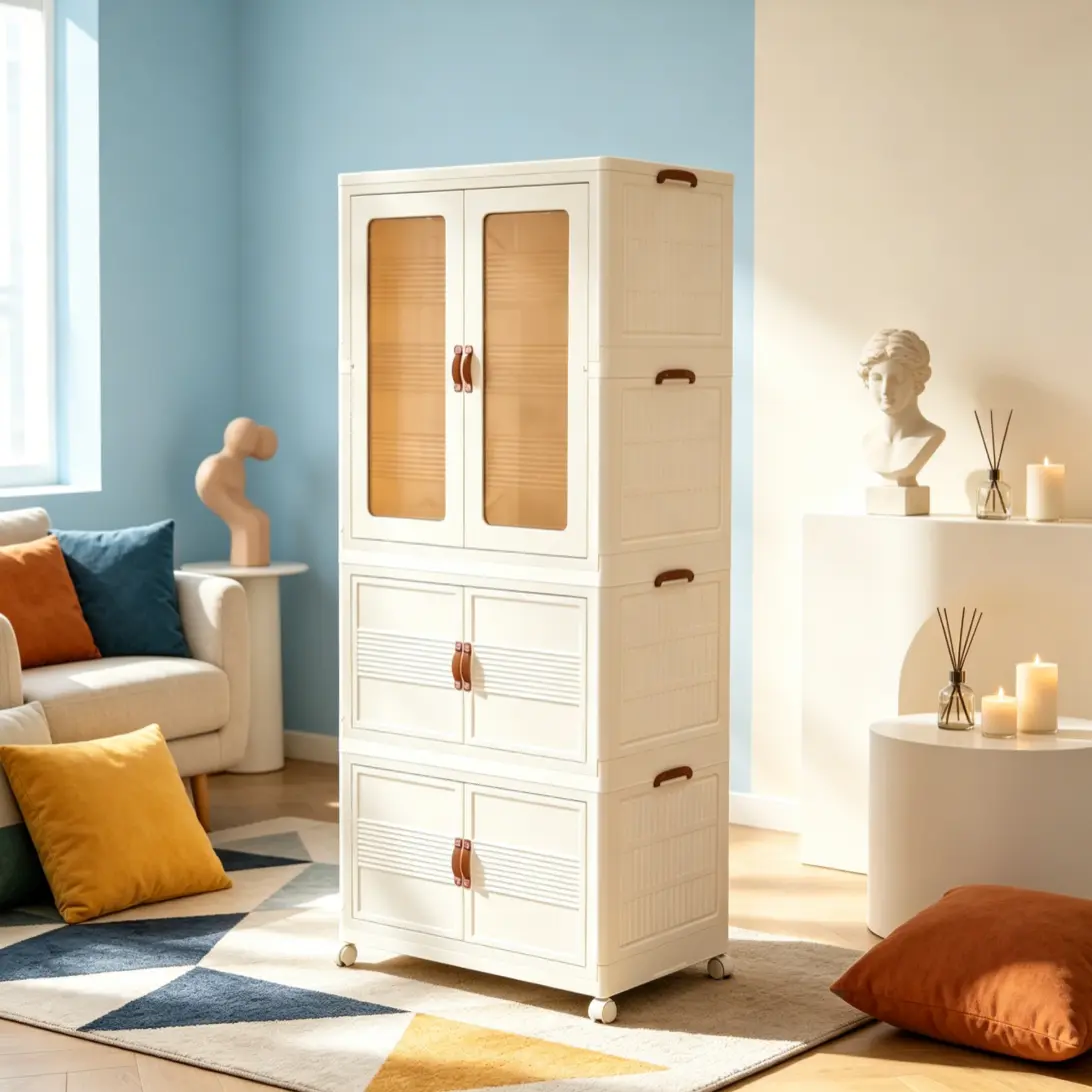 Classic PVC Material Eco-Friendly Wardrobe Storage Cabinet - Compact Rectangular Foldable Stackable Set with Lid, Magnetic Doors, Lockable Wheels, Plastic Closet Organizer for Living Room, Bedroom