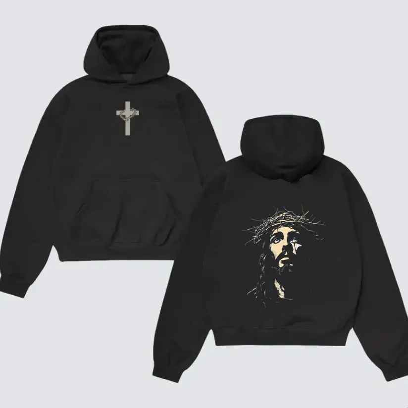 Classic Christian Jesus Crown of Thorns Digital Print Cotton Blend Hoodie - Festive Easter Party God-Themed Casual Streetwear Clothing, Graphic Hoodies for Party Supplies Accessories