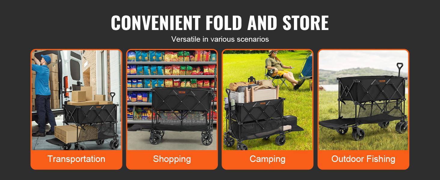 【FathersDayGift】VEVOR Foldable Double Decker Wagon, Collapsible Wagon Cart with All-Terrain Wheels, Heavy Duty Folding Wagon Cart  for Camping, Shopping, Garden, 52" Extra Long Extender