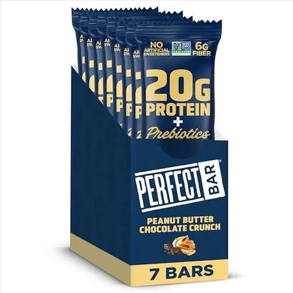 Perfect Bar Protein + Prebiotics Peanut Butter Chocolate Crunch Protein Bar, 20g Protein, Grass-Fed Whey, 6g Fiber With 3g Prebiotics, Gluten-Free, Non-GMO, 2.4 Ounce Bar, 7 Count