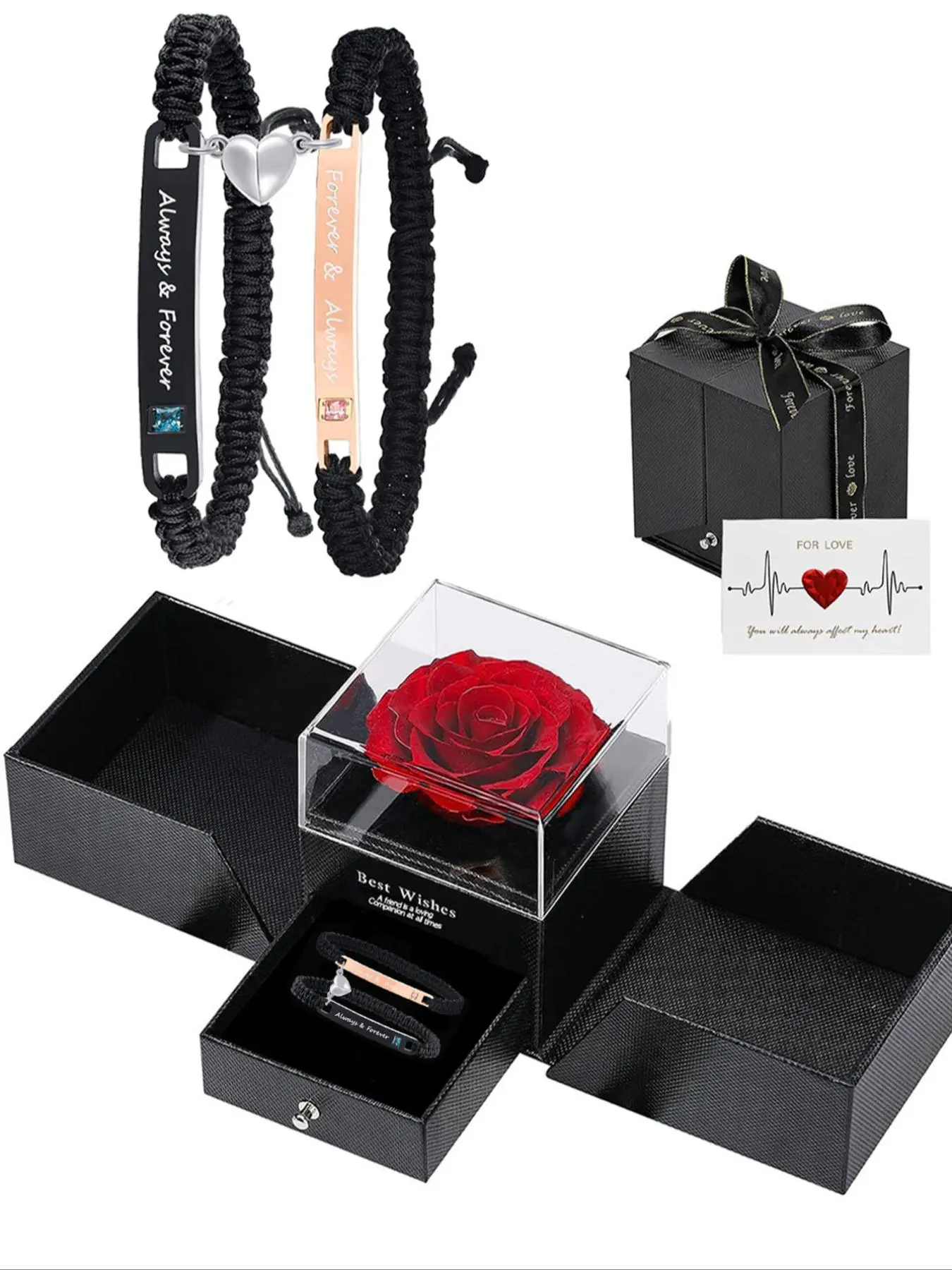 Couple Matching Heart-Shaped Bracelet Set with Rose Gift Box, Jewelry Gifts for Party, Daily Wear, Ideal Christmas Gift