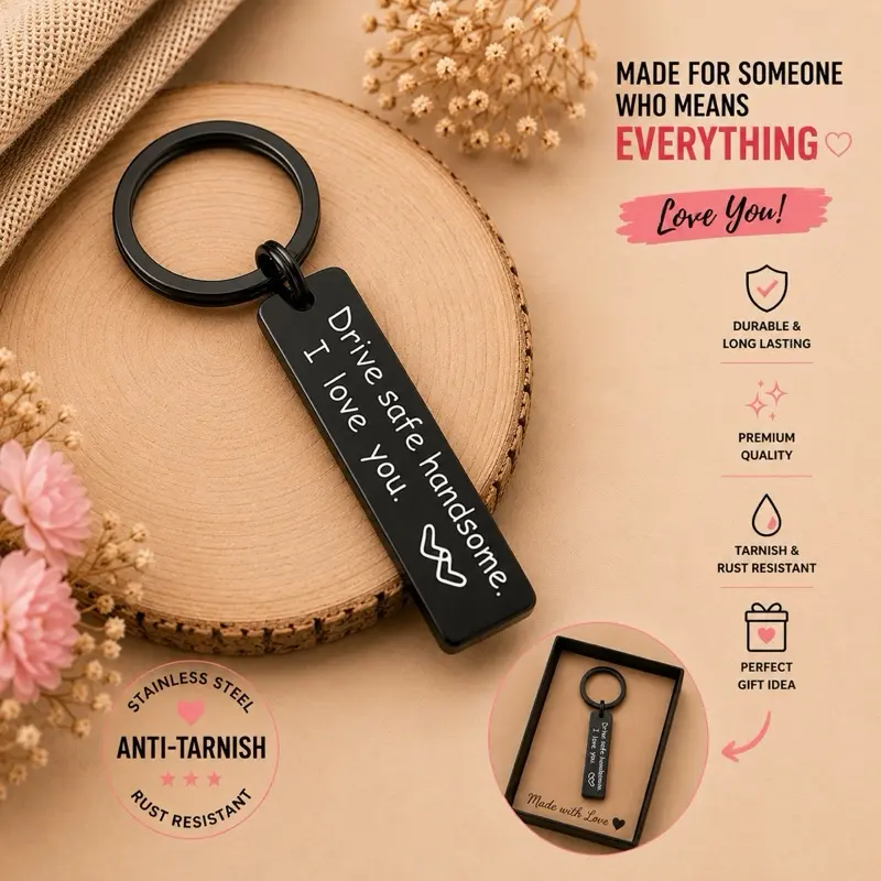 Engraved Message Romantic Stainless Steel Nameplate Keychain for Men - Anti-Rust Split Ring, Practical Unisex Car Keychain Accessory, Valentine's Day Safe Driving Gifts for Boyfriend, Fashion Costume Jewelry, Stainless Steel Keychain