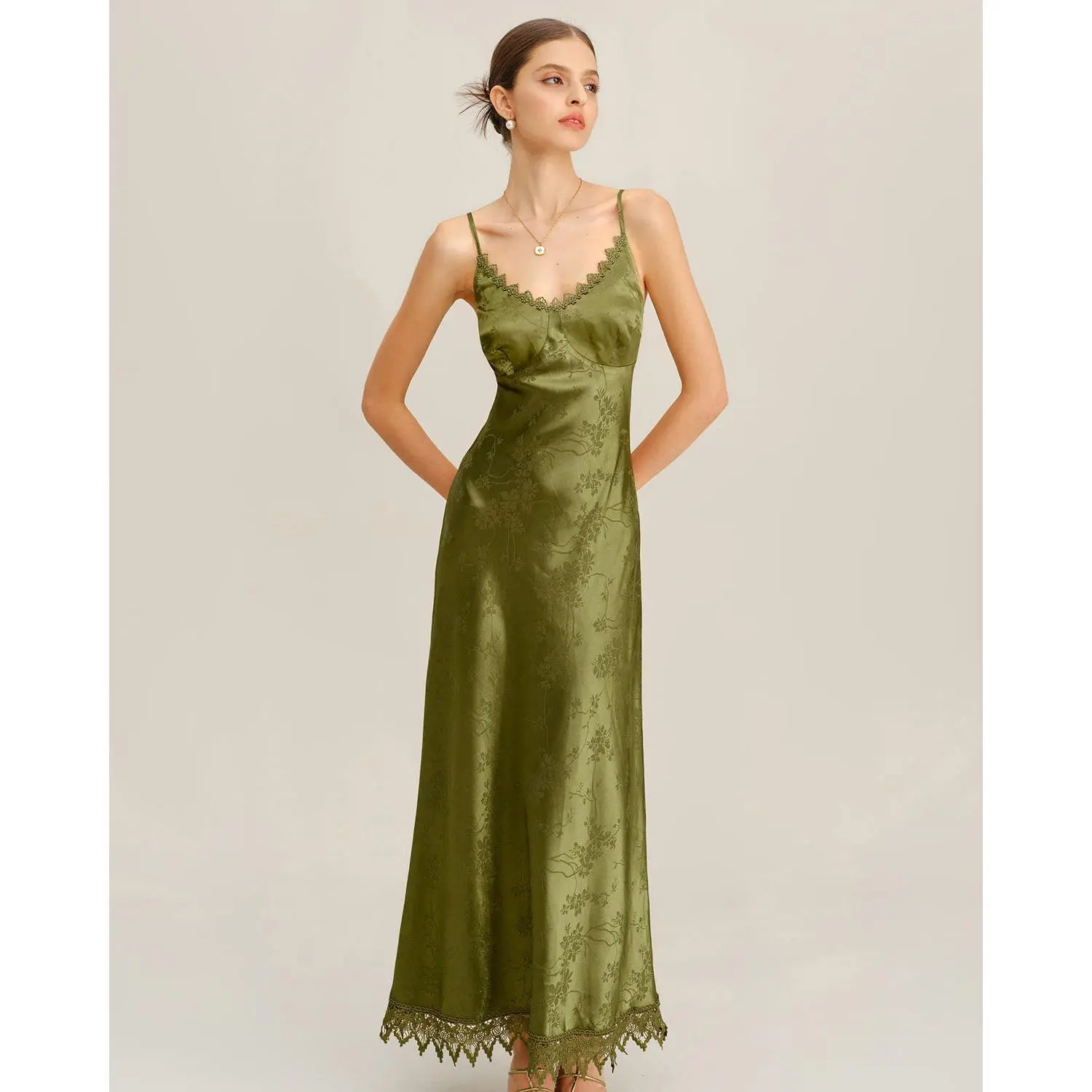 RIHOAS Women's Formal Green Floral Jacquard Sleeveless A-Line Maxi Dress with Lace Corset Back for Wedding Guests, Spandex, Polyester, Waisted, Wedding Guest Dresses, Dress For Wedding Guest