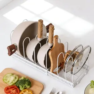 Pull Out Pots and Pans Organizer Under Cabinet, Expandable Sliding Lid Holder and Pan Rack for Kitchen, Slide Out Inside Cabinet for Pot Lid, Bakeware, Dishes, 7 Adjustable Dividers, 1 Pack White