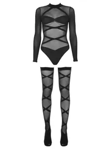 Women's Leg Avenue 2-Piece Truth or Dare Bodysuit & Thigh Highs Set - Opaque, Criss Cross Long Sleeves, Stretchy, Sheer Sexy Lingerie Teddy with Matching Stockings, Bra, Panty, Soft Fabric