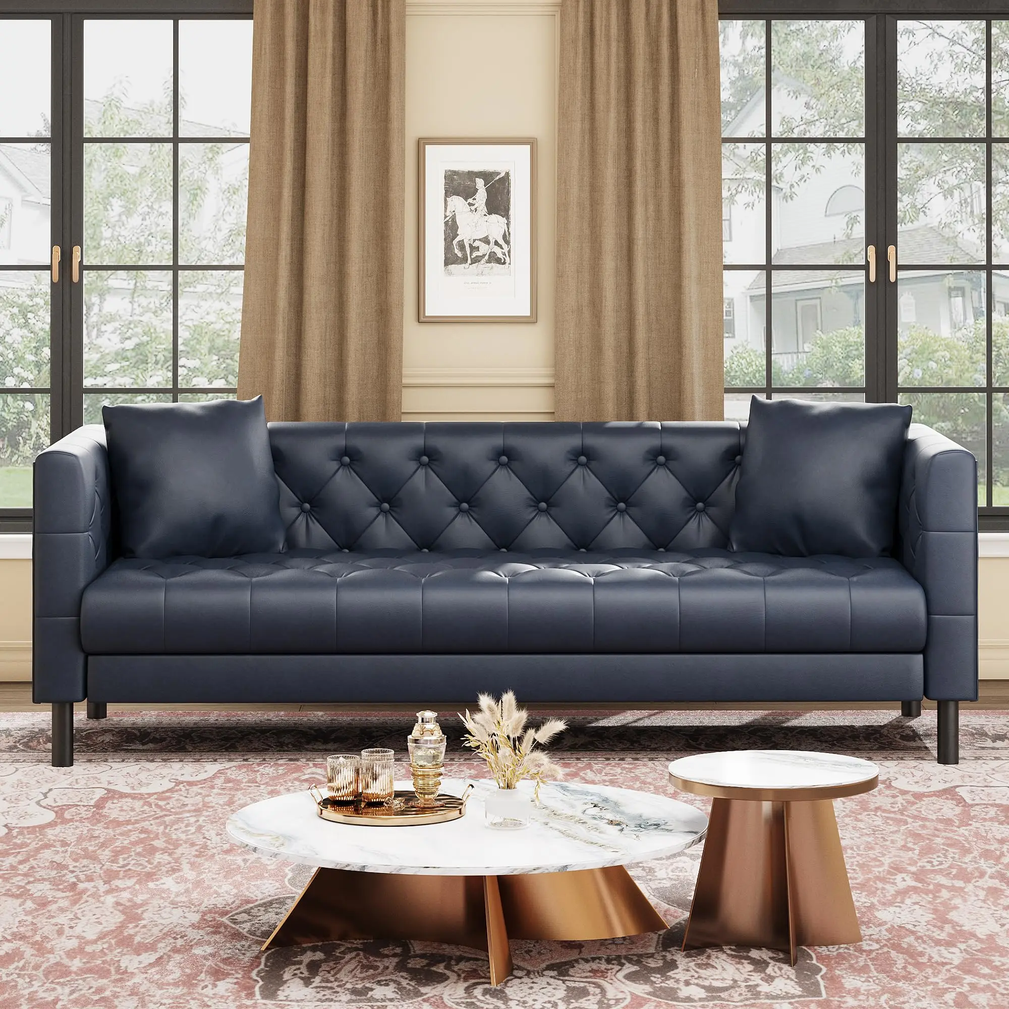 Garvee 81" Midcentury Modern Solid Leather Chesterfield 3-Seater Decorative Sofa - Handmade Craft Tufted Back, Deep Seats, 2 Pillows, Multiple Colors, Optimal Support - Modern Sofas Couches for Apartment Living Room Lounge Furniture