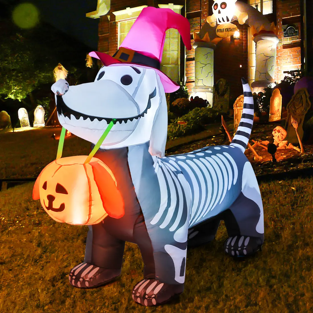 5.5 FT Spooky Inflatable Skeleton Puppy Yard Decor, Halloween Aesthetic Festive Decor with Built-in LEDs, Pumpkin for Indoor Halloween Decorations, Outdoor Yard, Garden (Home & Party Supplies)