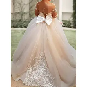 1pc Girls' 9/16 Sleeve Puff Sleeve Princess Dress with Big Bow, Elegant Long Tulle Wedding Dress for Youngsters, 12 & Under, A-Line Silhouette, Polyester, Dry Clean Only, Perfect for Performances & Special Occasions